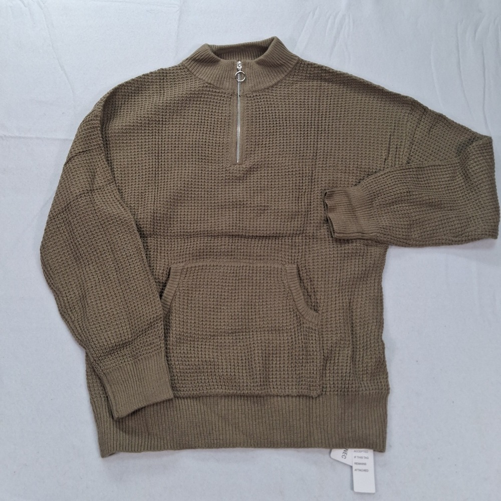 VIMPUNEC Sweater Mens L Quarter Zip Waffle Knit Brown Kangaroo Pocket NEW